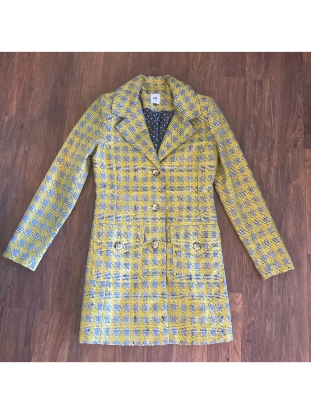 Cabi Regency Jacket Houndstooth Tweed Yellow Mid Length Blazer Preppy Size XS